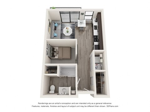 Floor plan for studio, 1 bath, 555 sqft